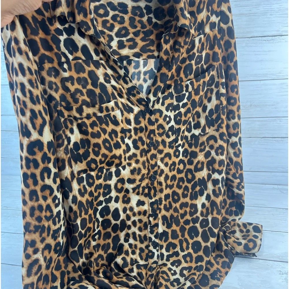Express Portofino Shirt  Small Brown Black Leopard Button Career Casual - Picture 10 of 11